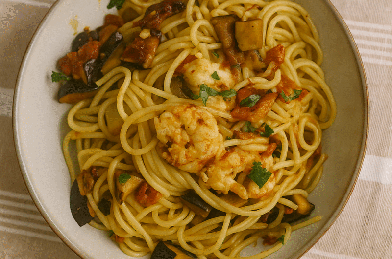Pasta with Eggplant and Shrimp