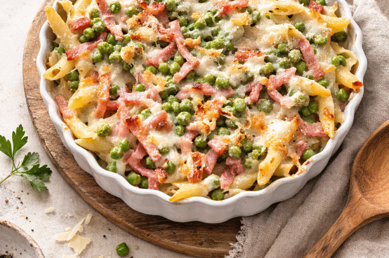 Creamy Baked Pasta with Peas & Bacon