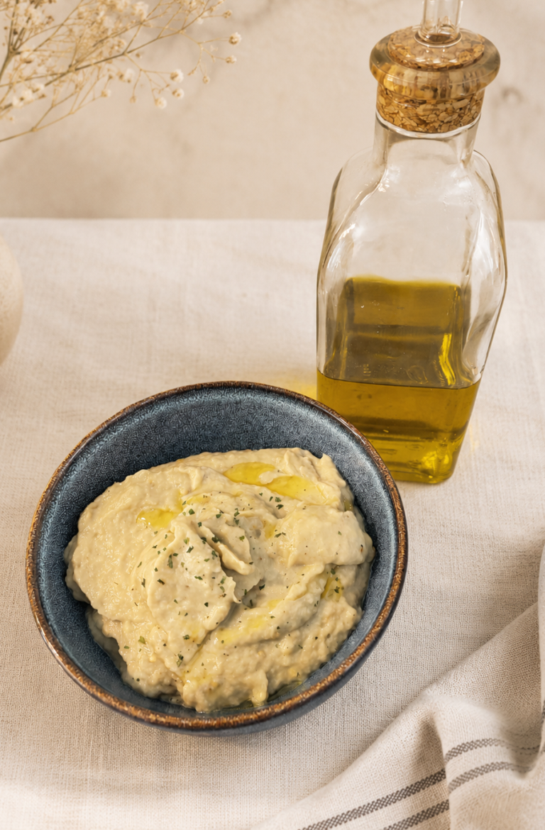 Creamy homemade air fryer baba ganoush in a rustic bowl, topped with olive oil and parsley, served with olive oil on a neutral linen background.