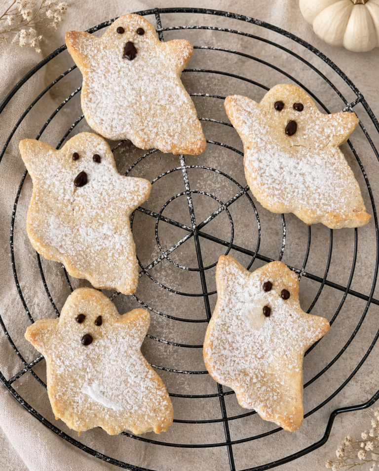 Homemade ghost-shaped shortcrust cookies dusted with icing sugar and decorated with chocolate faces, arranged on a cooling rack.